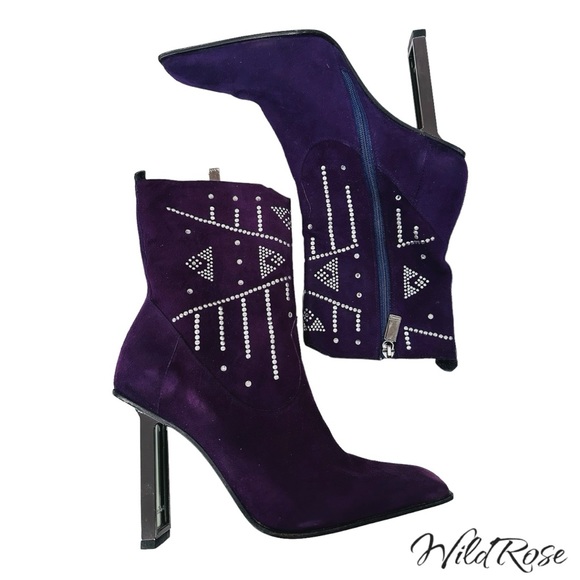 BALDININI Purple Suede w/ Rhinestones Leather Ankle Boots SZ 7 - Picture 4 of 16